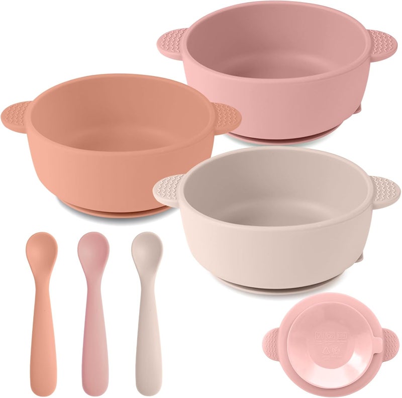 Eascrozn 3 Pack Baby Bowls with Suction and 3 Pack Baby Spoons, BPA Free, Silicone Baby Feeding Set for Babies Toddler Kids, Microwave and Dishwasher Safe - Image 1